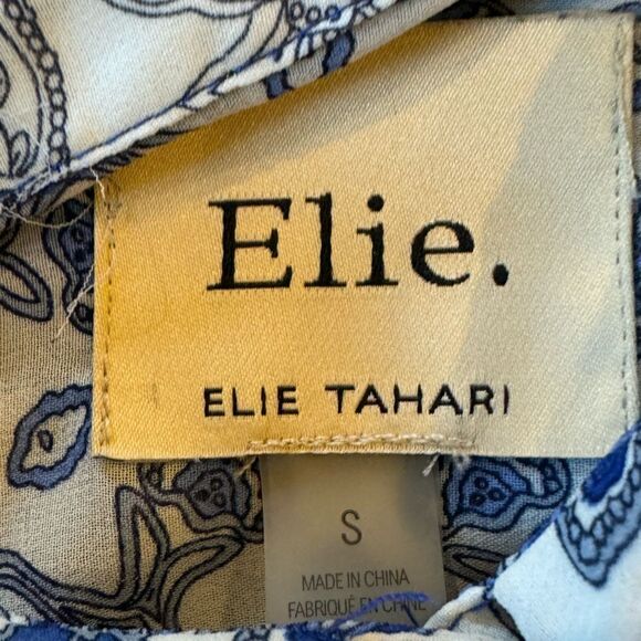Elie Tahari Semi Sheer Blouse Women's S Blue Print Ruffle Shoulder Top Shirt - Picture 7 of 10